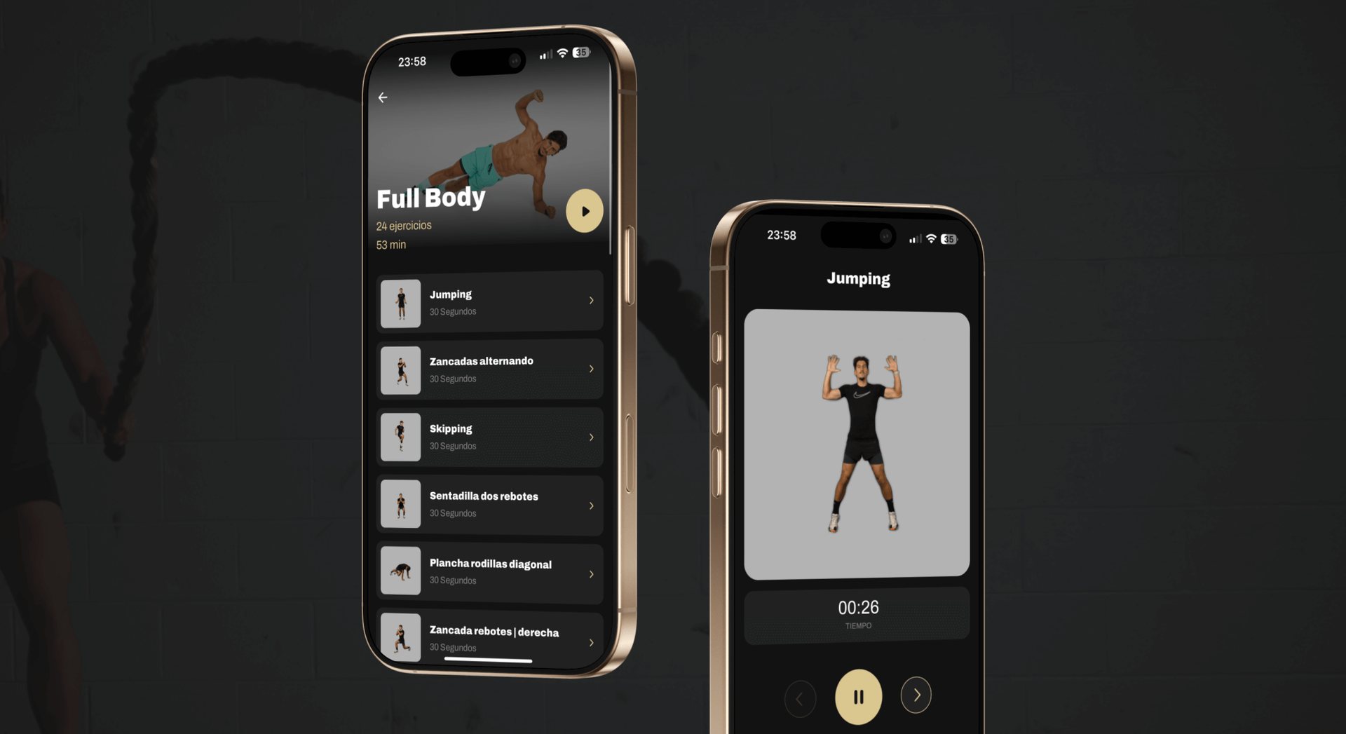 Pantalla de ejercicios de la aplicación móvil 23TopTraining