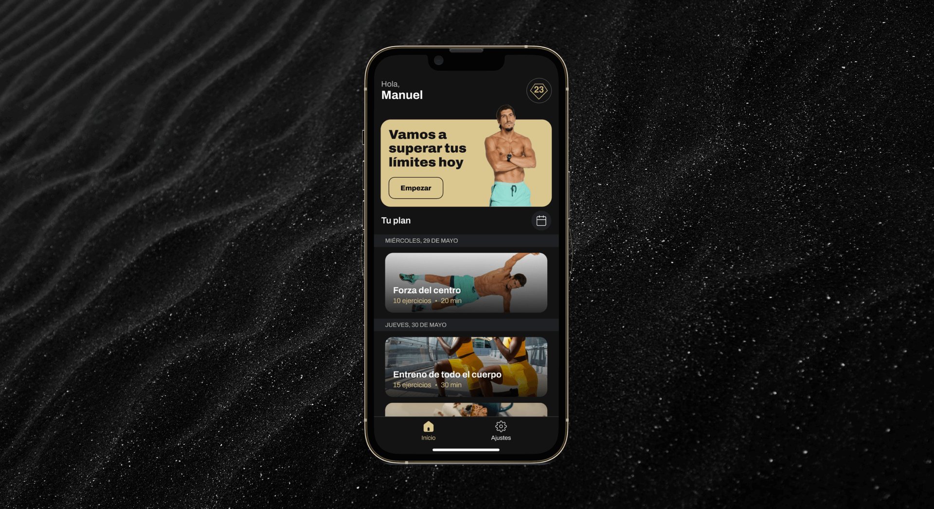 Pantalla principal de la app móvil 23TopTraining con acceso directo a planes de entrenamiento.