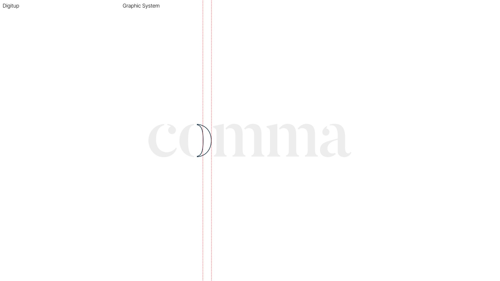 Construcción del logotipo comma con el signo deconstruido y guías.