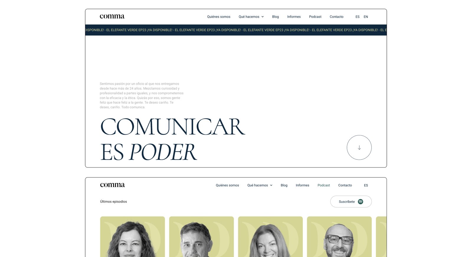 Home de Comma: Comunicar es poder y últimos episodios del podcast.
