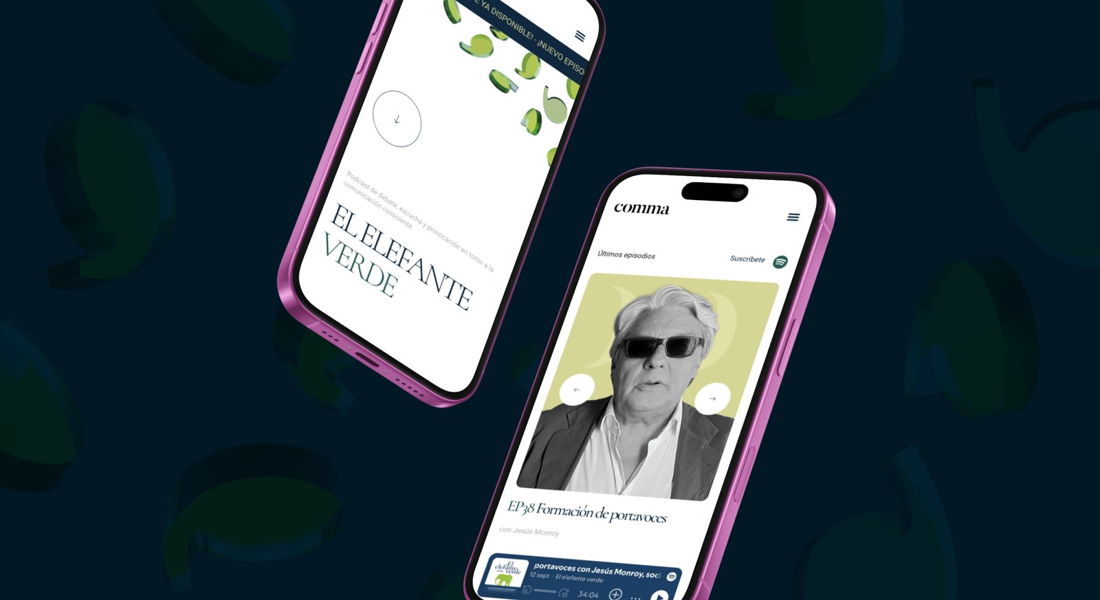 Dos móviles con el podcast El Elefante Verde: cabecera y episodios.