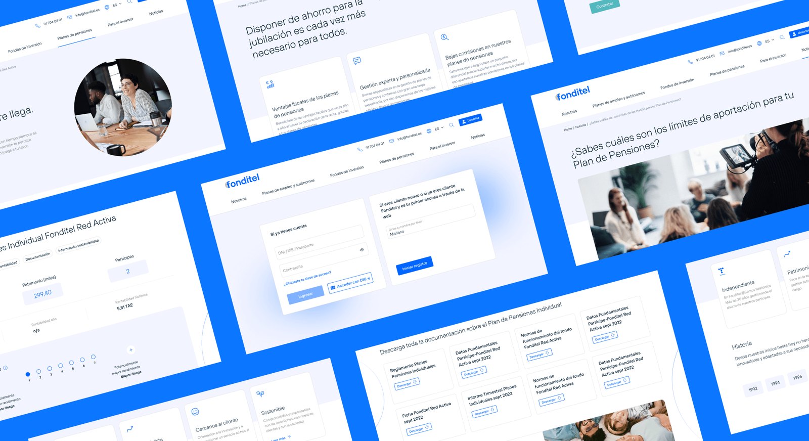 Composición de la web Fonditel: login, documentación, historia y contenidos.