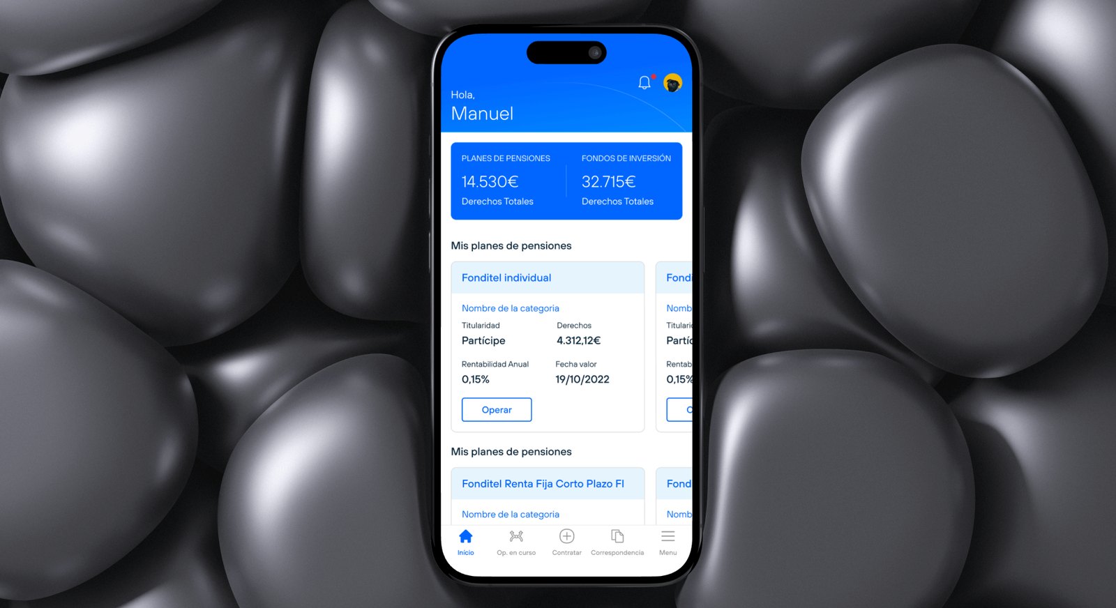 Dashboard de la app Fonditel con planes de pensiones y fondos de inversión.