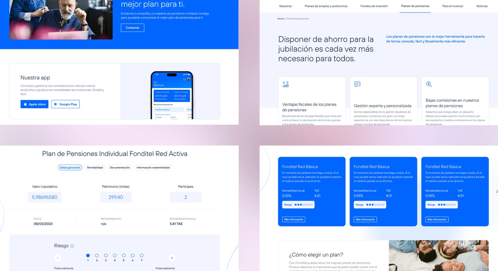 Páginas de planes de pensiones, ficha de producto y comparativa.