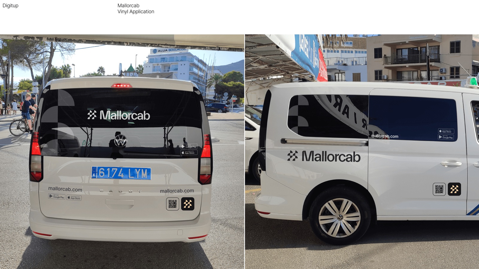 Furgoneta con vinilo Mallorcab: logo, web y códigos de descarga de la app.