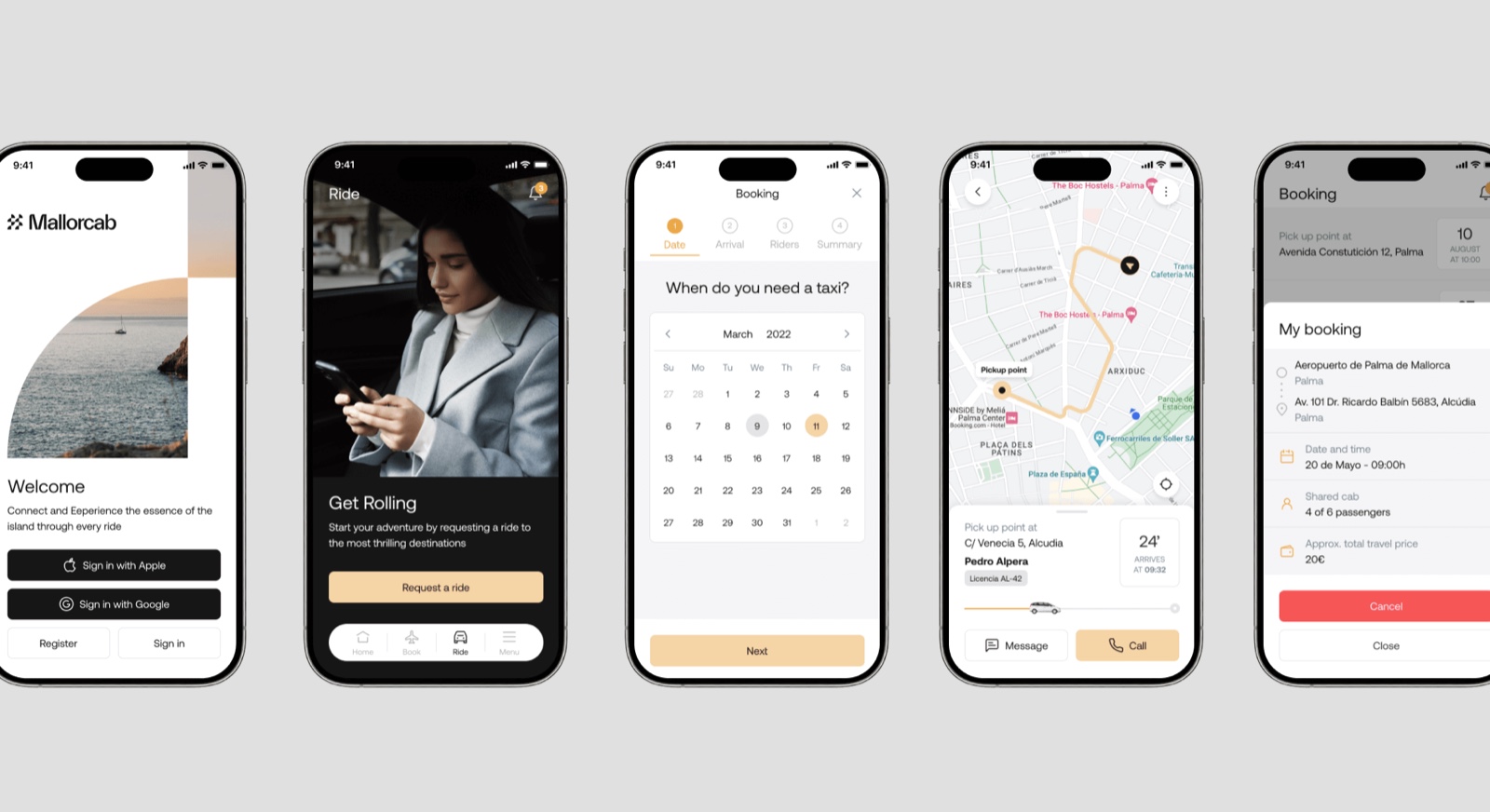 Cinco pantallas de la app Mallorcab: bienvenida, inicio, reserva, mapa en tiempo real y resumen del viaje.