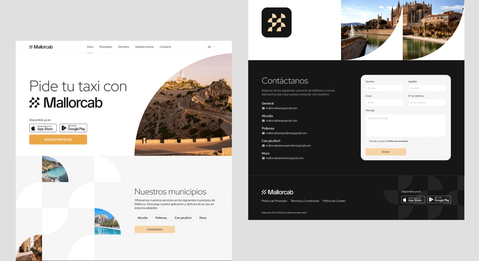 Composición de la web de Mallorcab: hero, municipios y formulario de contacto.
