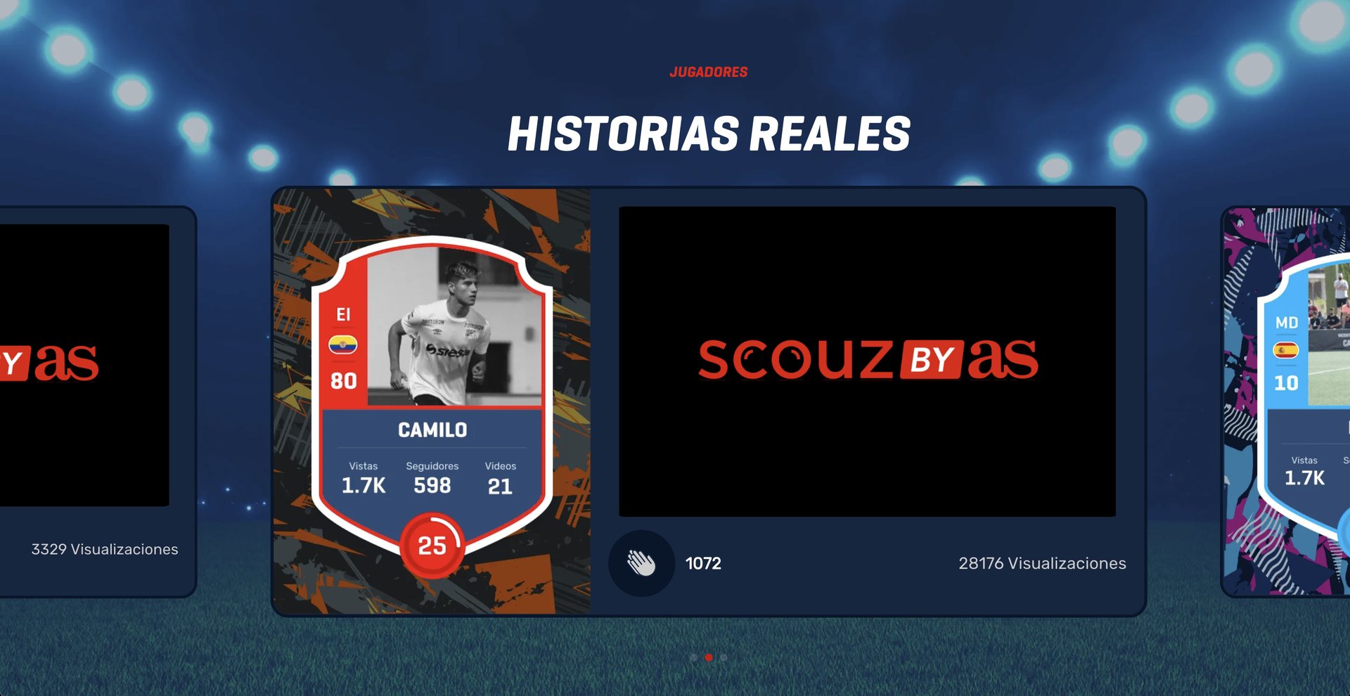 Pantalla de Scouz mostrando historias reales de jugadores con sus estadísticas de perfil y visualizaciones.