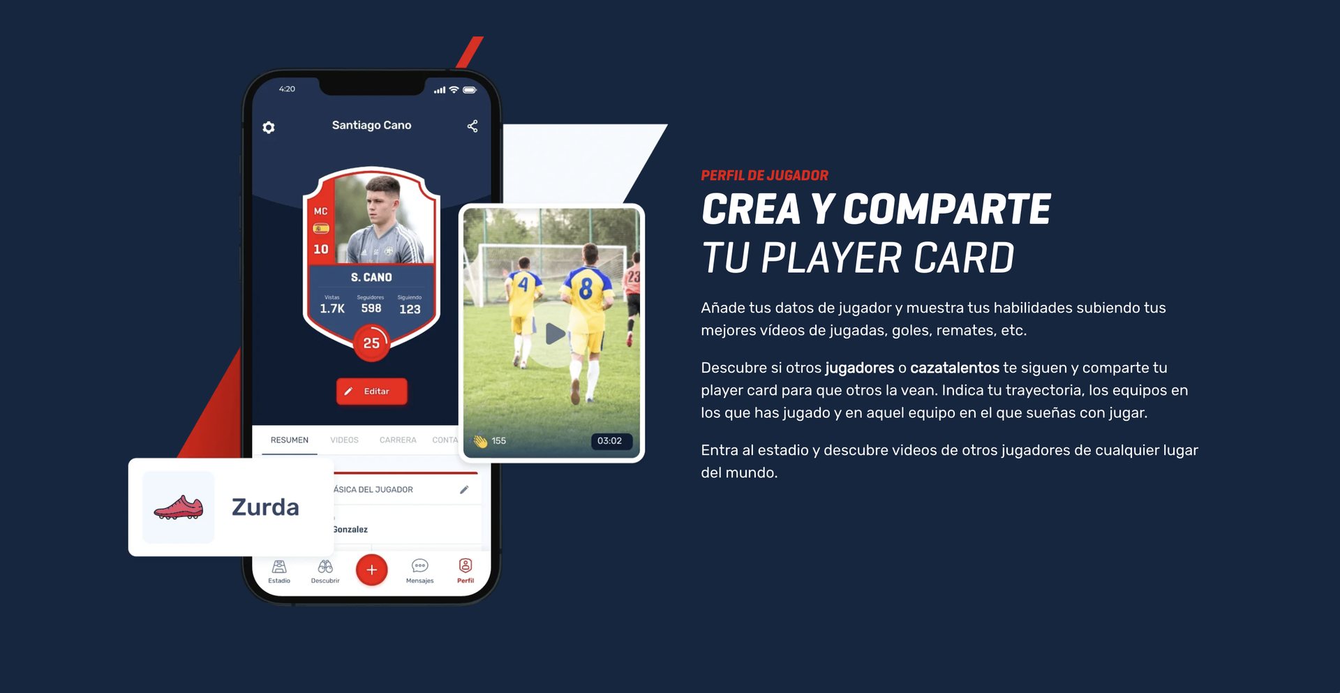Pantalla de perfil del jugador en Scouz mostrando la opción de crear y compartir la tarjeta de jugador con videos y estadísticas.