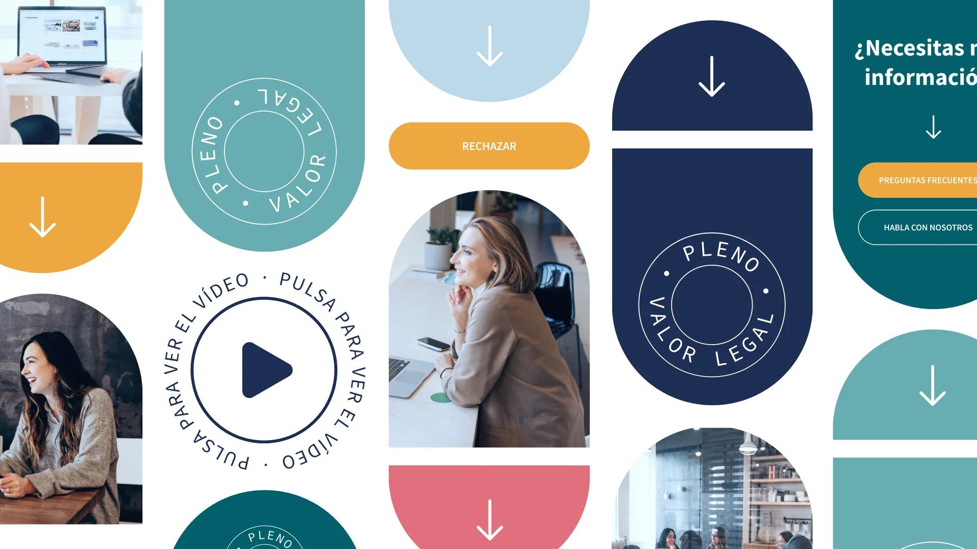 Componentes gráficos de la marca Tasaciones.com que incluyen botones, secciones web, fotos de usuarios y banners en varios colores, creado por Digitup Studio