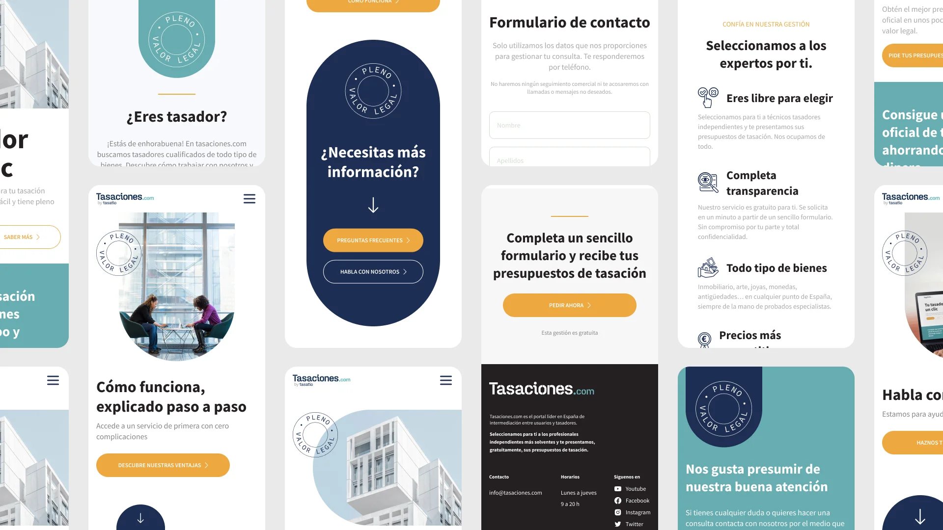 Pantallazos de la página web oficial y de la aplicación web de Tasaciones.com en formato responsivo, mostrando diferentes pantallas de la página de inicio, formularios, banners y secciones explicativas.