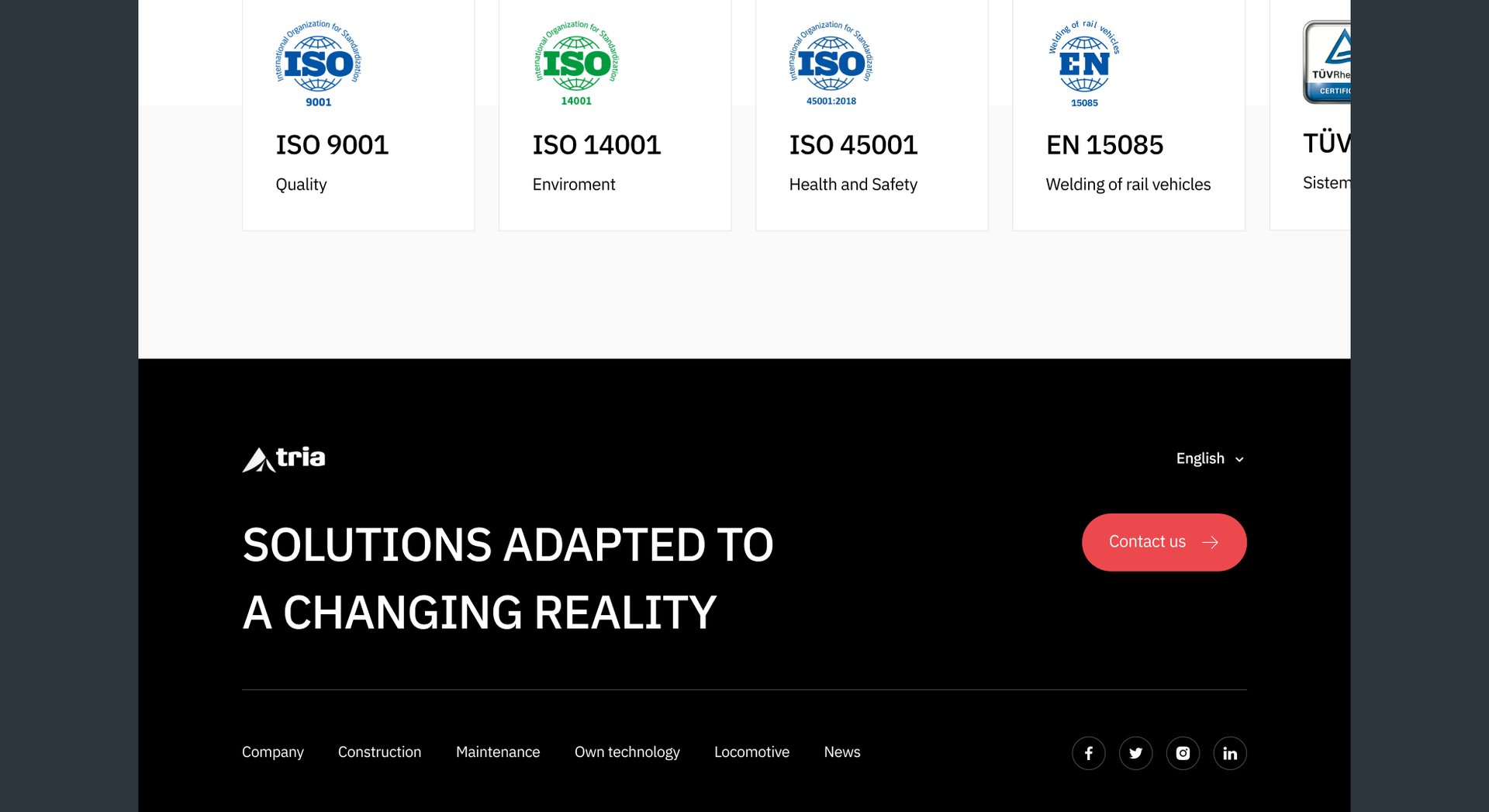 Certificaciones ISO de Tria Ingeniería y lema Solutions Adapted to a Changing Reality
