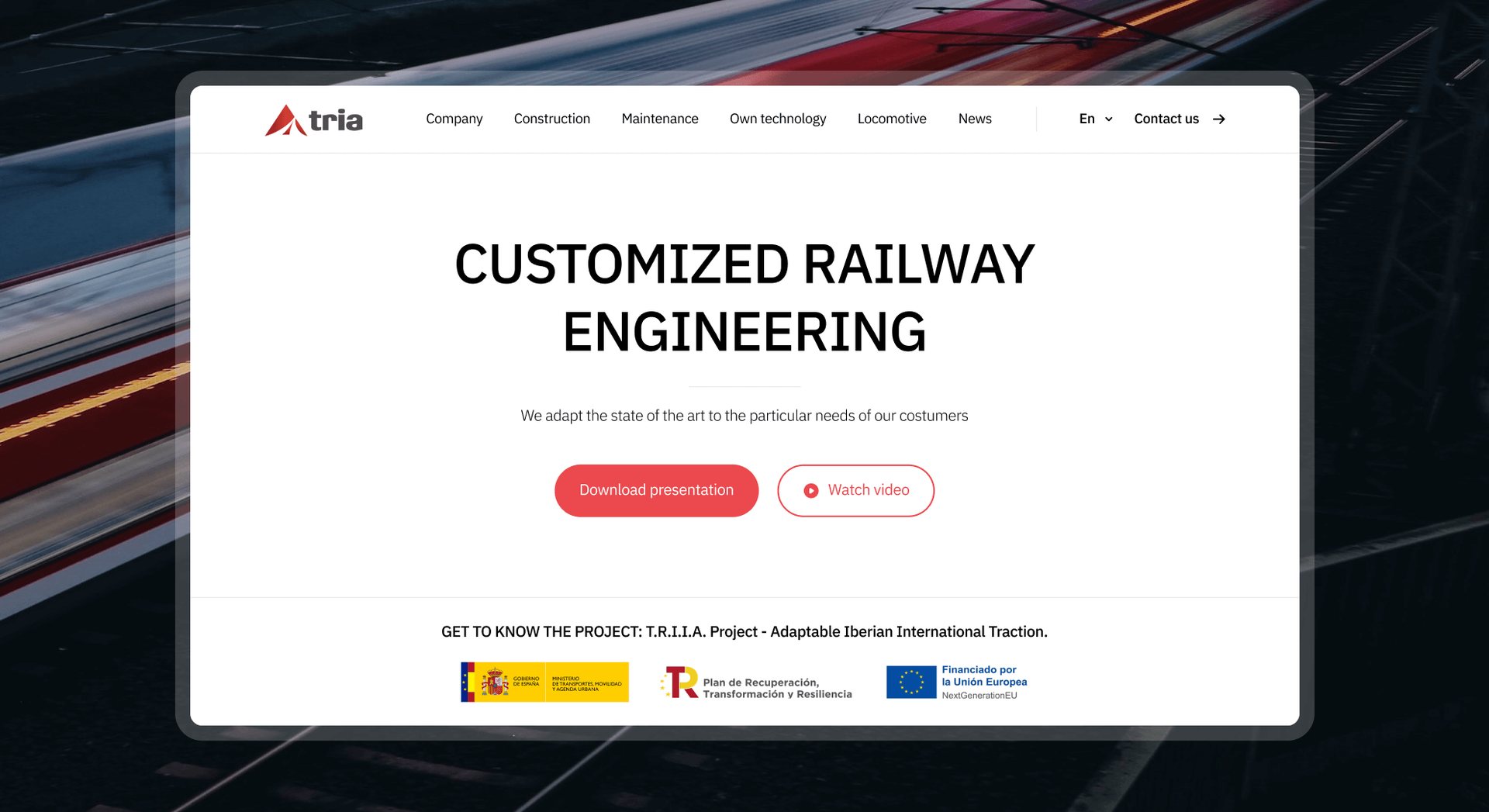 Hero principal de la página de inicio de Tria Ingeniería destacando la ingeniería ferroviaria personalizada.