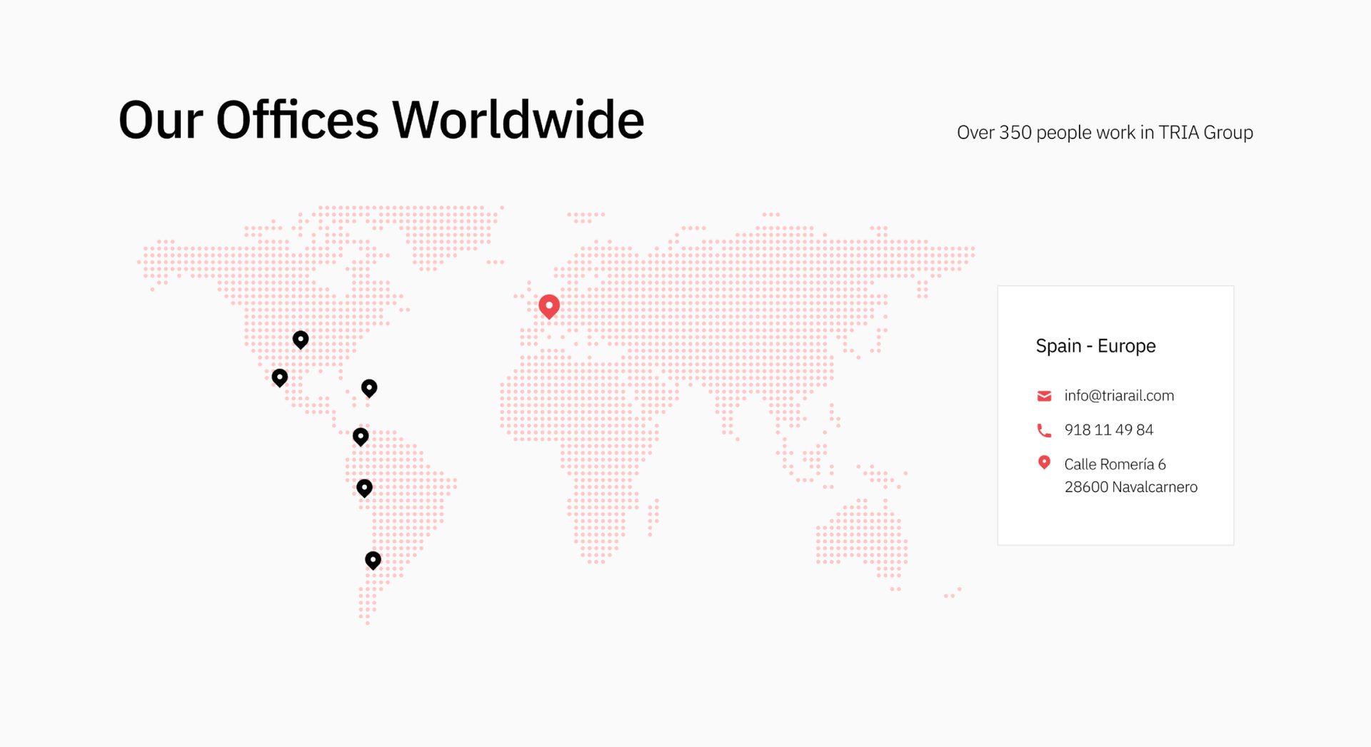 Mapa de presencia global de Tria Ingeniería mostrando sus oficinas en Europa y América.