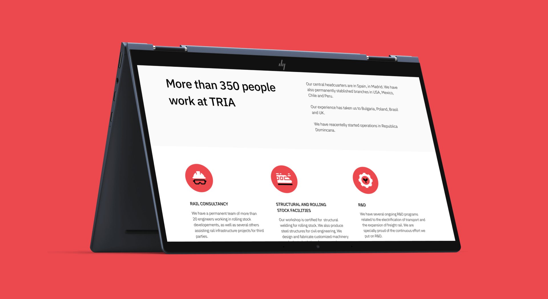 Pantalla Sobre Nosotros de Tria Ingeniería que presenta su equipo y presencia global.