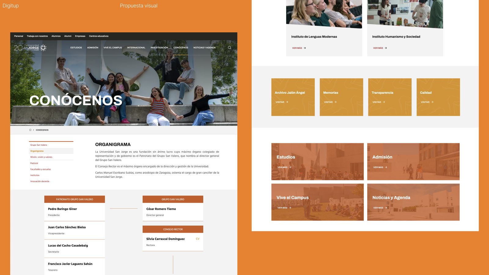 Página Conócenos: organigrama, institutos y bloques de contenidos.