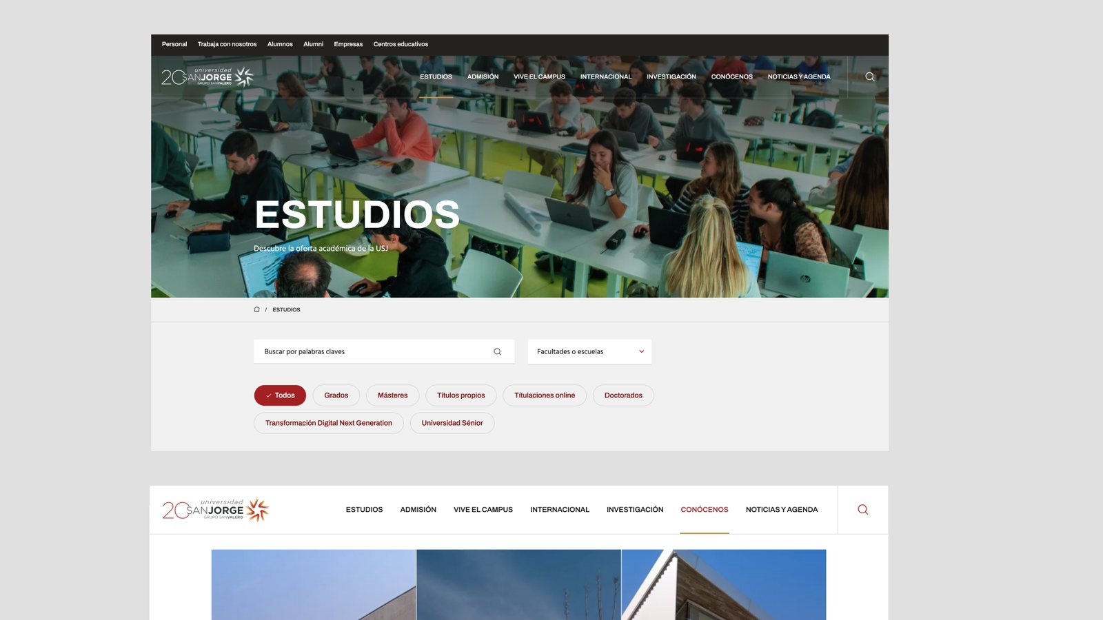 Sección de Estudios con estudiantes trabajando en un aula.
