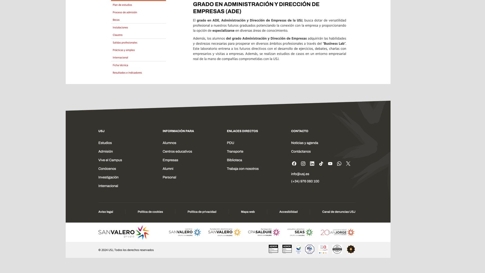 Submenú del grado en ADE y pie con enlaces de información y contacto.
