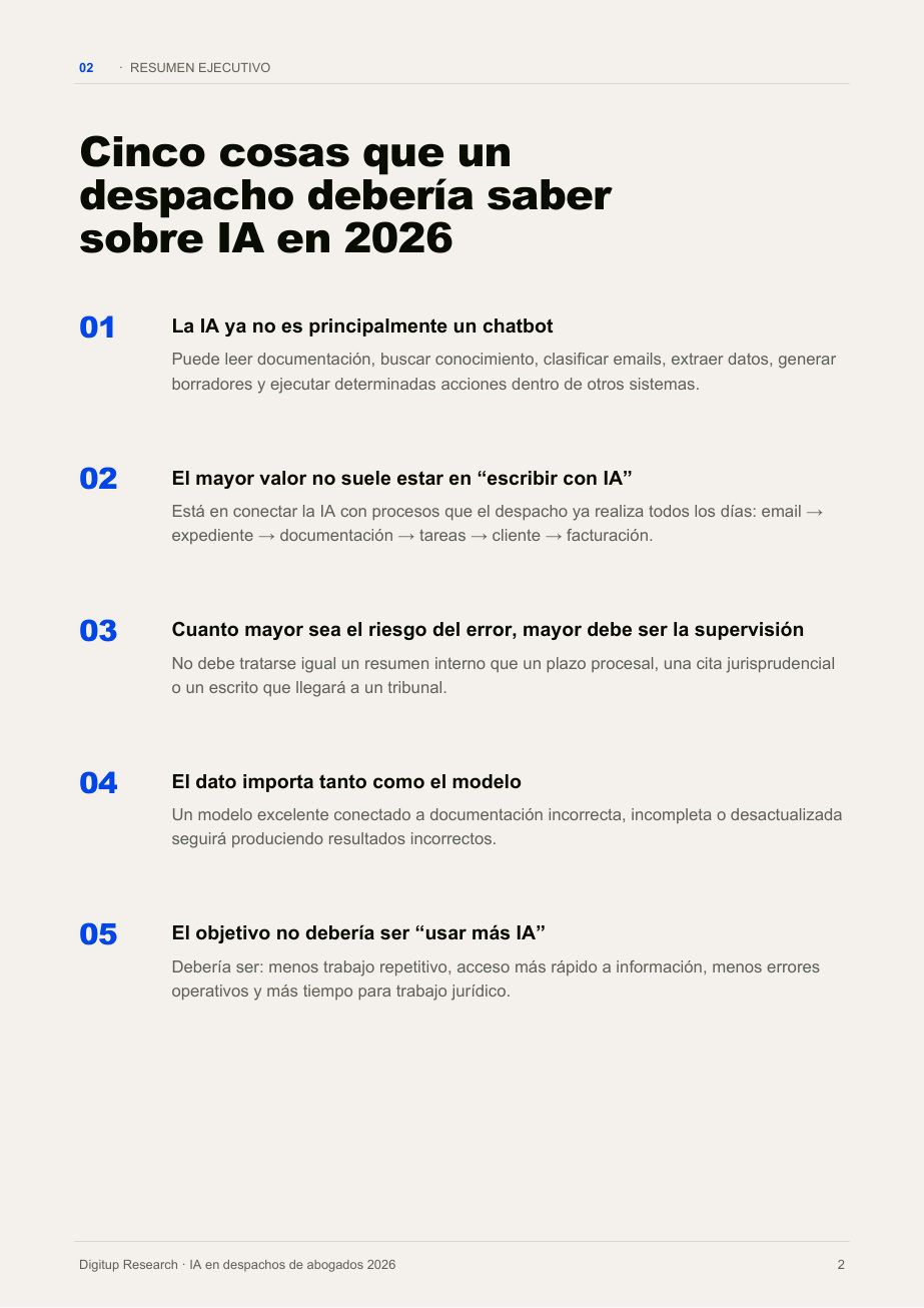 Página del informe: cinco cosas que un despacho debería saber sobre IA en 2026