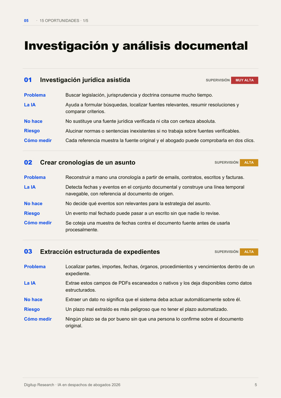 Página del informe: investigación jurídica, cronologías de un asunto y extracción de expedientes