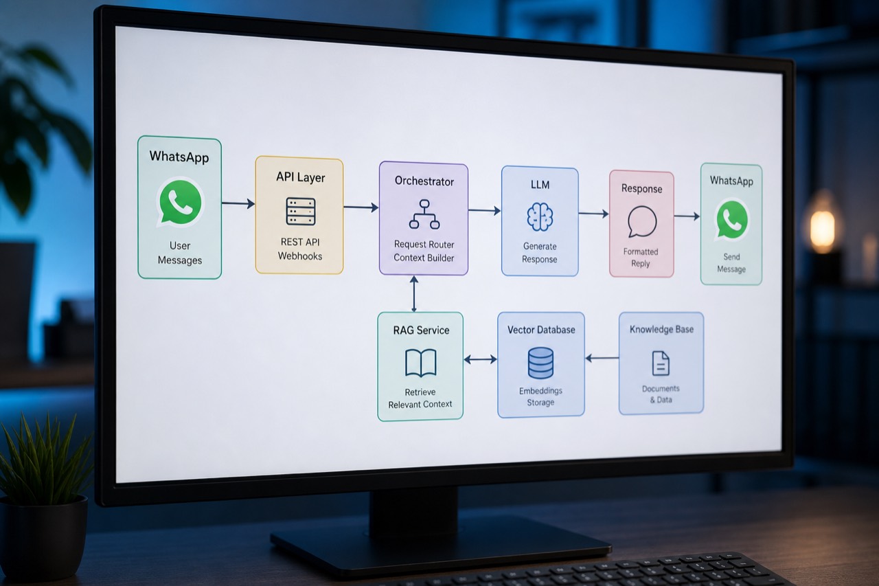 Monitor con la arquitectura de un asistente: WhatsApp, API, orquestador, modelo y base de conocimiento