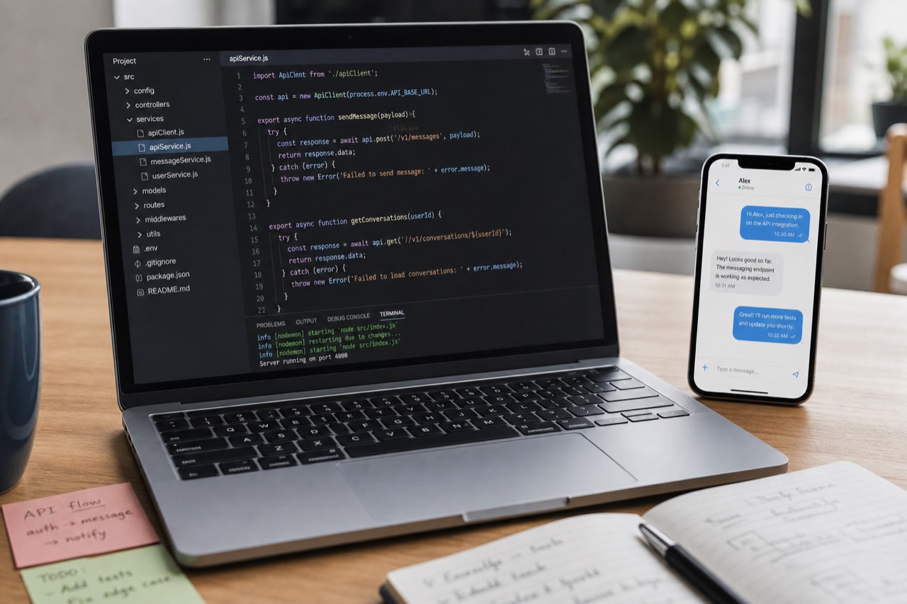 Portátil con el código de la API de mensajes y un móvil donde llega la conversación